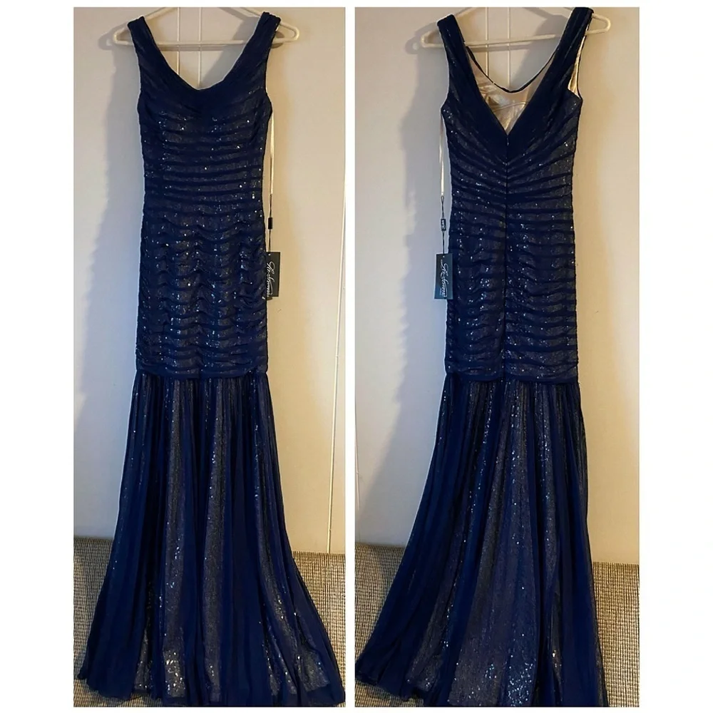 La Femme Navy Blue & Gold Sleeveless Sequin Gown
